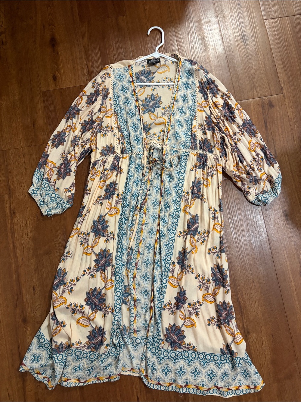 Bohemian Floral Panel Midi Kimono in Cream and Teal
